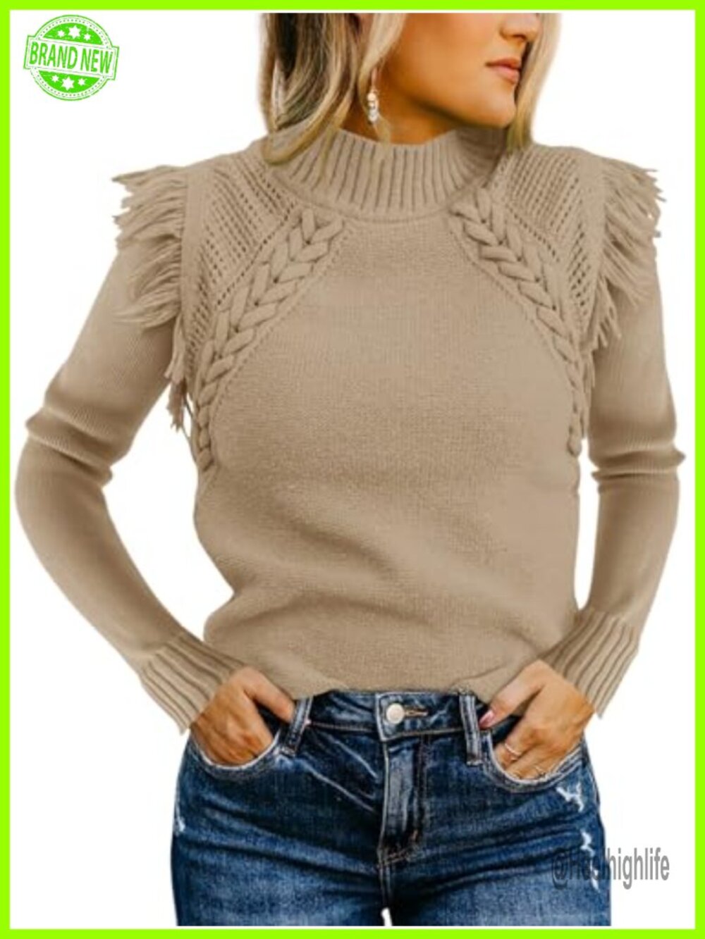 Cable Knit Mock Neck Fringe Long Sleeve Fitted Pullover Sweater